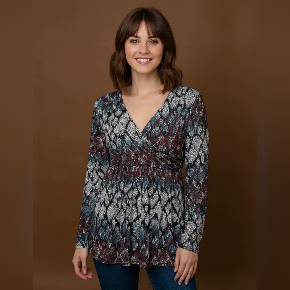 Daisy Fuentes Multicolor Ikat Crossover Front Babydoll Stretchy Top Size L